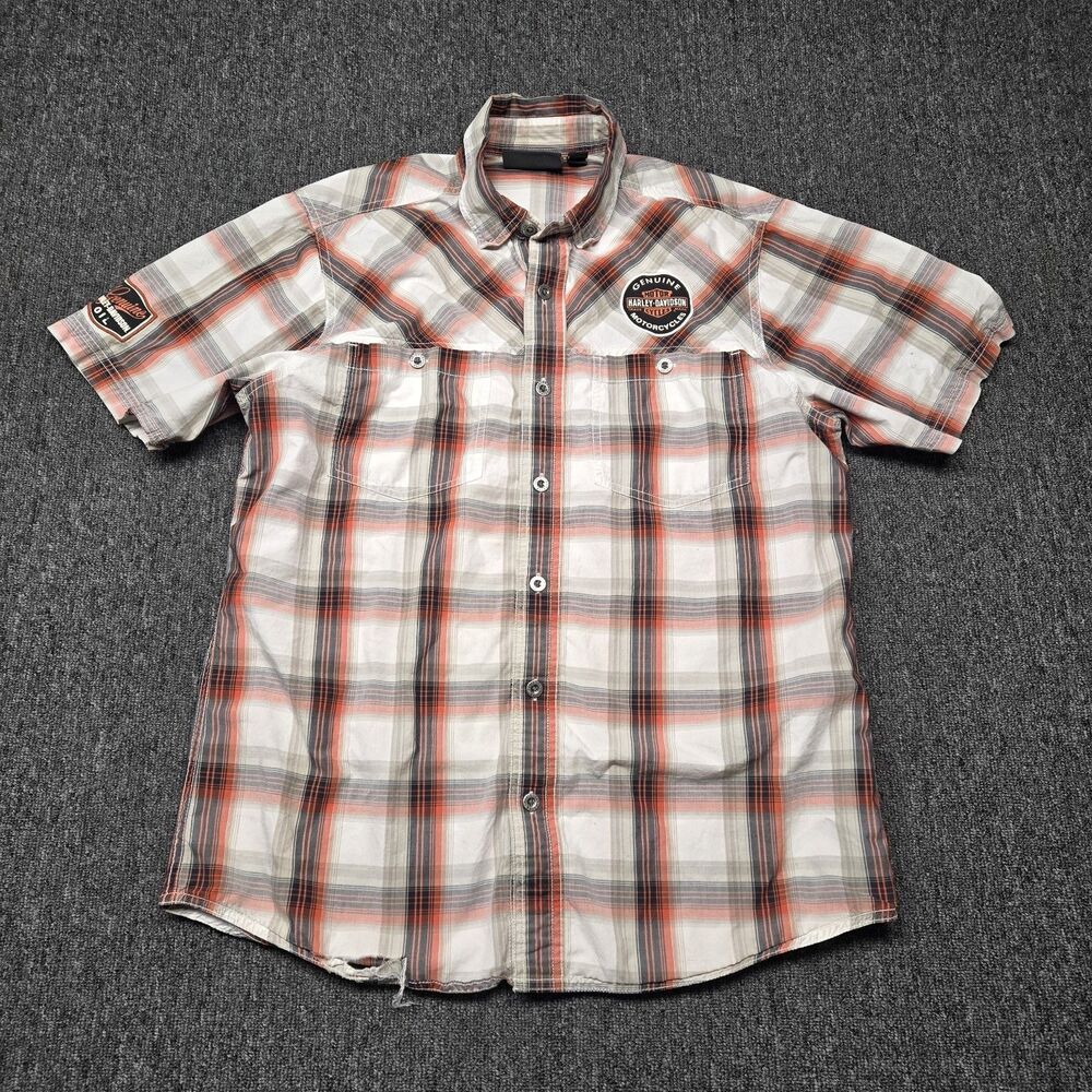 Harley‑Davidson Men’s M Plaid Snap Shirt Orange Embroidered Patch Biker